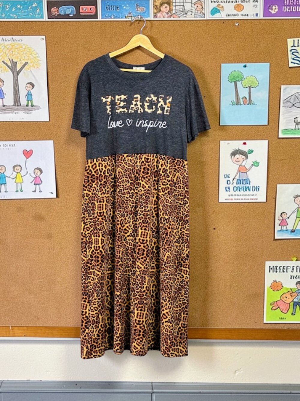 Upcycled Tee Dress Teach Love Inspire Maxi Dress Cheetah  M